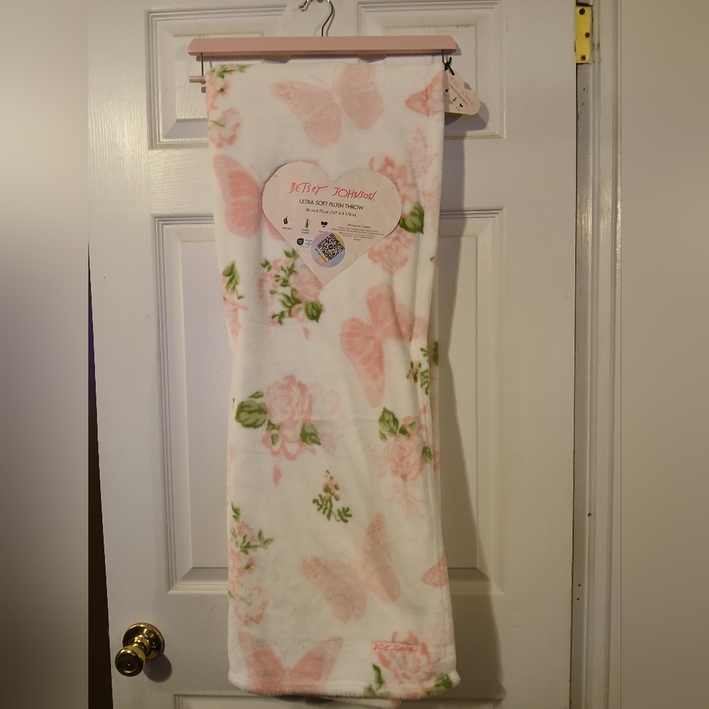 Betsey Johnson Pink Butterfly & Rose Plush Throw Blanket